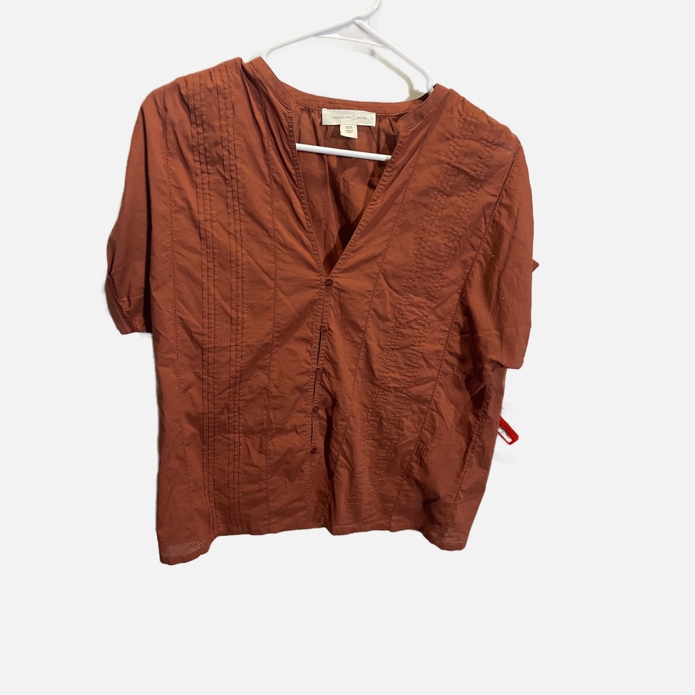 Treasure‎ & Bond Womens Pintuck V-Neck Short Sleeve Blouse Rust Brown XXS NWT